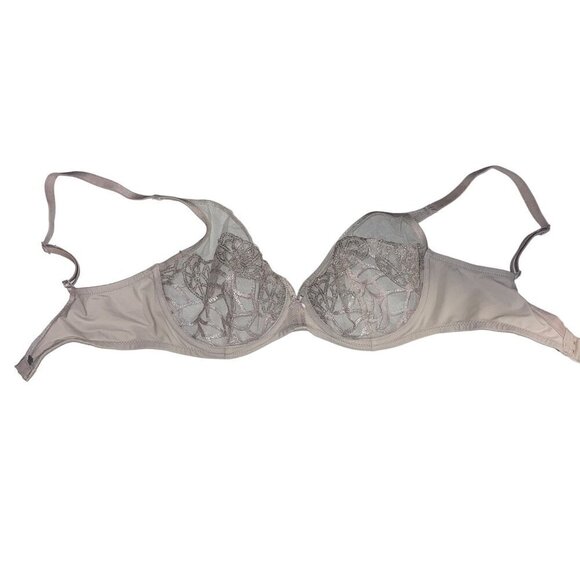 Simon Perele Womens Bra Size 32 D Silver Java Sheer Plunge Underwire Embroidered - Picture 1 of 10